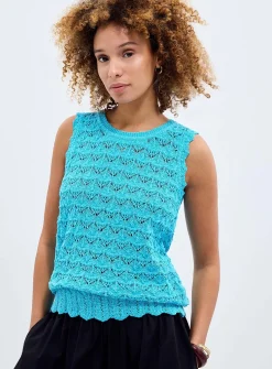 Scalloped trim openwork pure cotton sweater vest