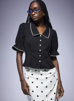 Scalloped-trim puff-sleeve blouse