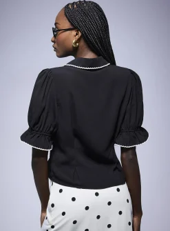 Scalloped-trim puff-sleeve blouse