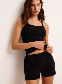 Scalloped-waist pointelle knit pyjama short