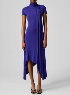 Scarved mock-neck asymmetrical dress