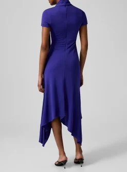 Scarved mock-neck asymmetrical dress