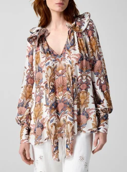 Sea Garden fluid ruffled print blouse