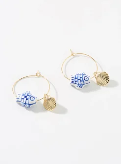 Seashell and fish fine hoops