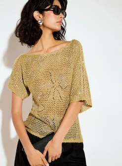 Sequined crocheted boat-neck sweater
