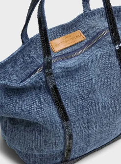Sequined denim-effect small bag