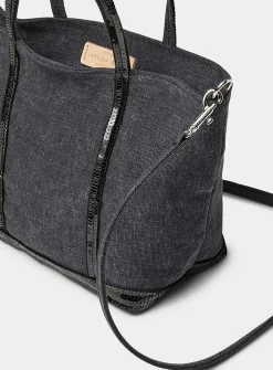 Sequined denim-effect small bag