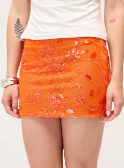 Sequined flowers orange miniskirt