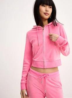 Sequined logo cropped velvet zip-up hoodie