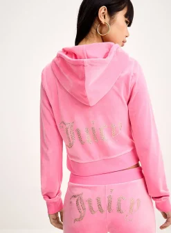 Sequined logo cropped velvet zip-up hoodie
