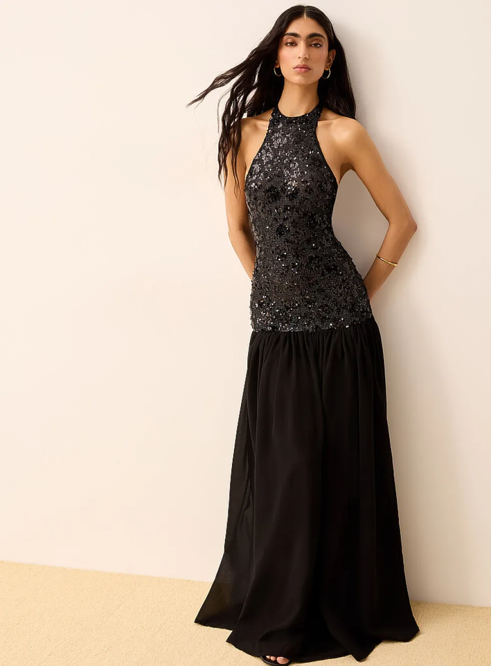 Sequins and chiffon maxi black halter dress