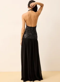 Sequins and chiffon maxi black halter dress