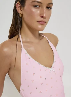 Serrated scallop halter V-neck one-piece