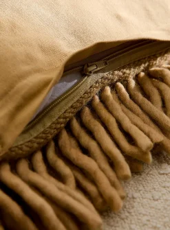 Shaggy fringes wool-blend golden yellow cushion