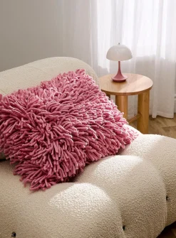 Shaggy fringes wool-blend pink cushion