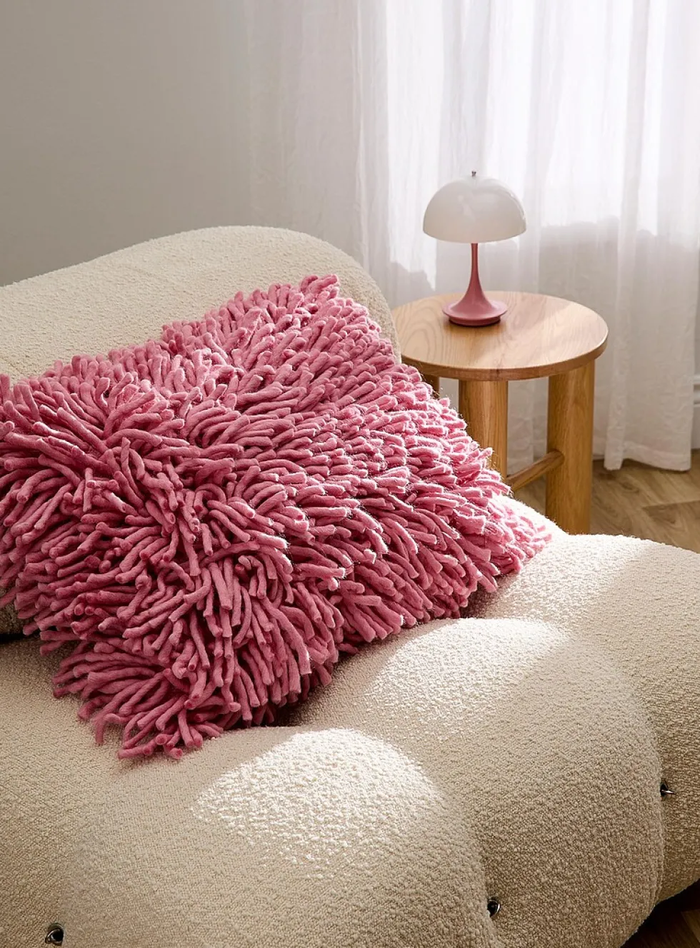 Shaggy fringes wool-blend pink cushion