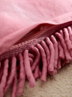 Shaggy fringes wool-blend pink cushion