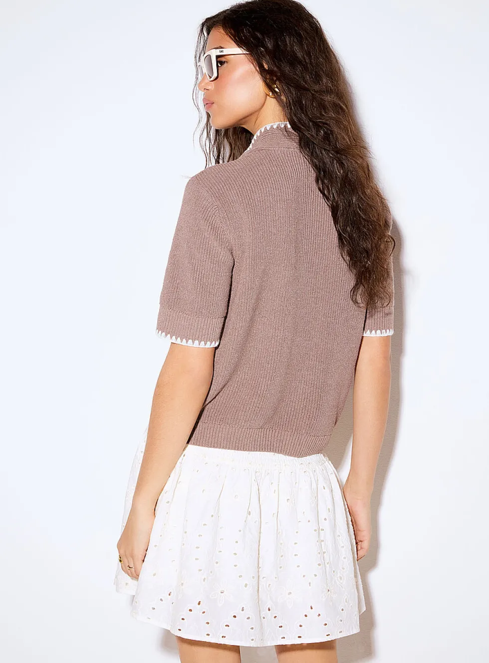 Shaker-rib cropped scarf-collar cardigan