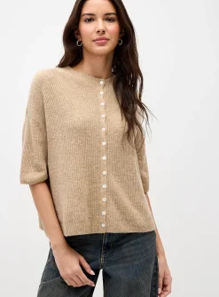 Shaker-rib short-sleeve cardigan
