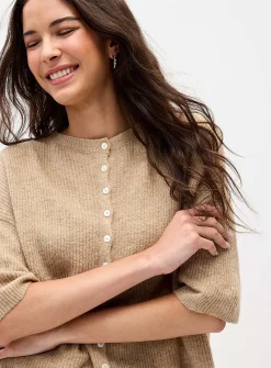 Shaker-rib short-sleeve cardigan