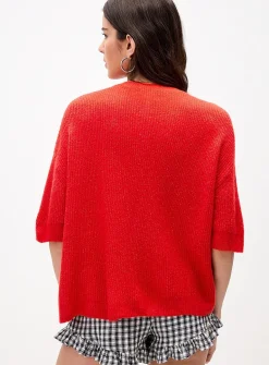 Shaker-rib short-sleeve cardigan