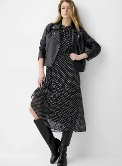 Sheer chiffon ruffled-collar midi dress