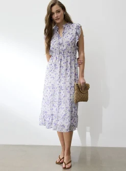 Sheer chiffon ruffled-collar midi dress