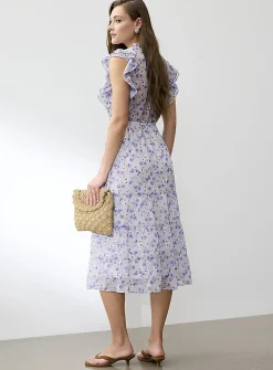 Sheer chiffon ruffled-collar midi dress