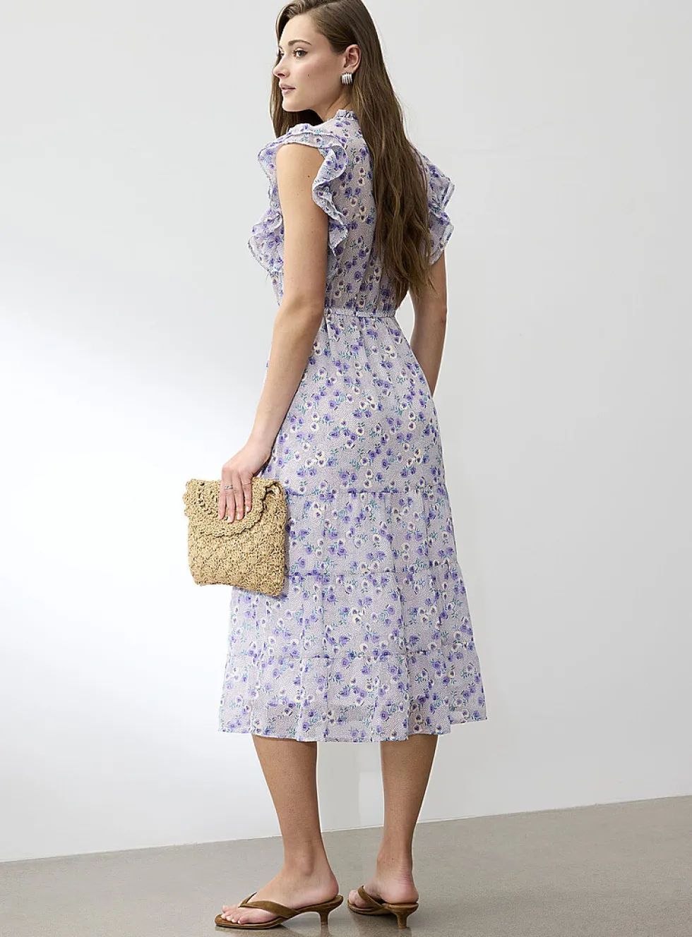 Sheer chiffon ruffled-collar midi dress
