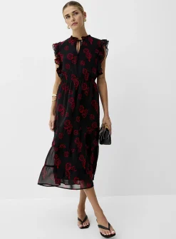 Sheer chiffon ruffled-collar midi dress