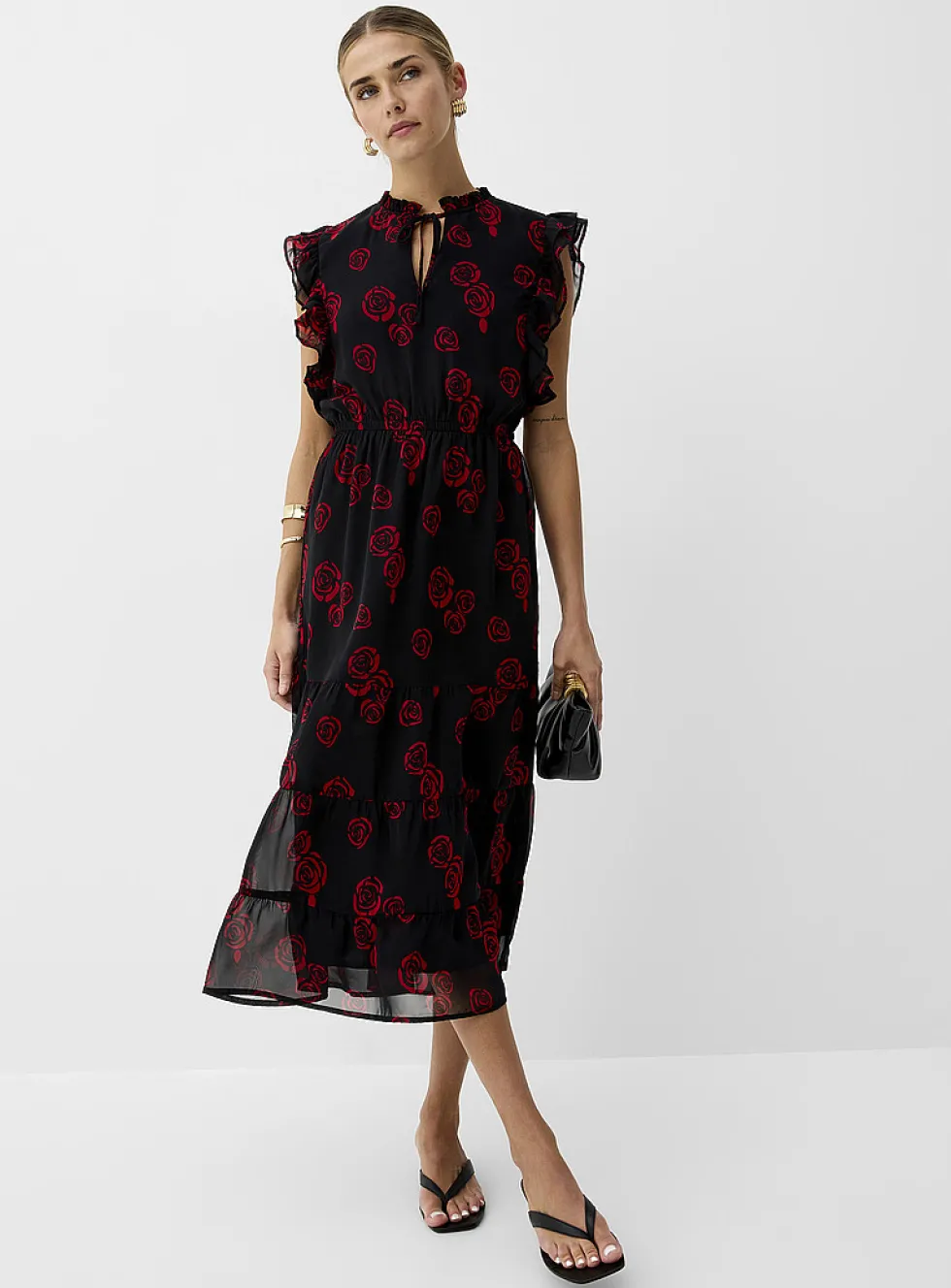 Sheer chiffon ruffled-collar midi dress