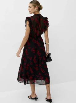 Sheer chiffon ruffled-collar midi dress