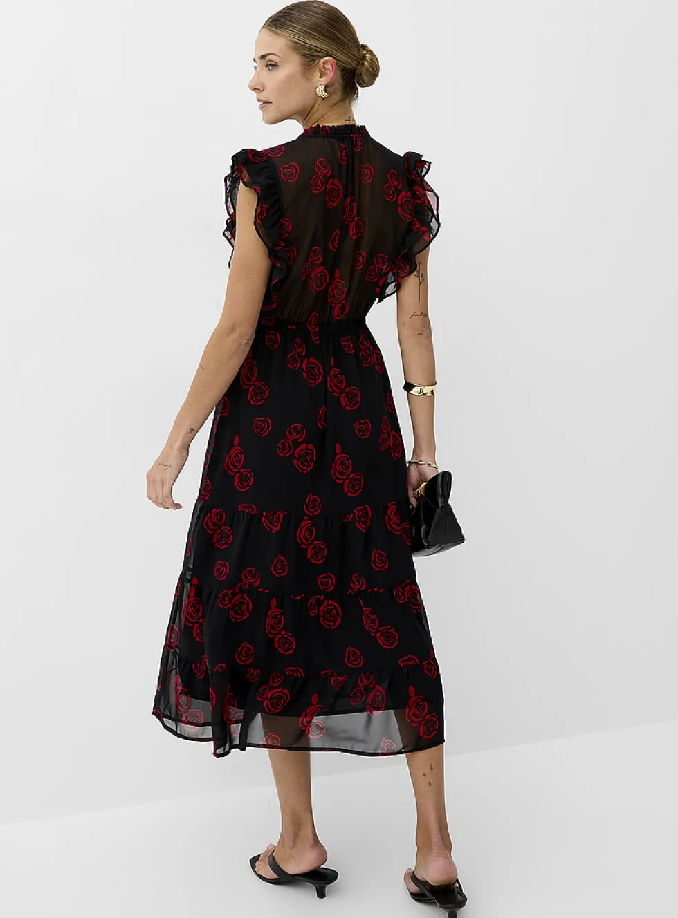Sheer chiffon ruffled-collar midi dress
