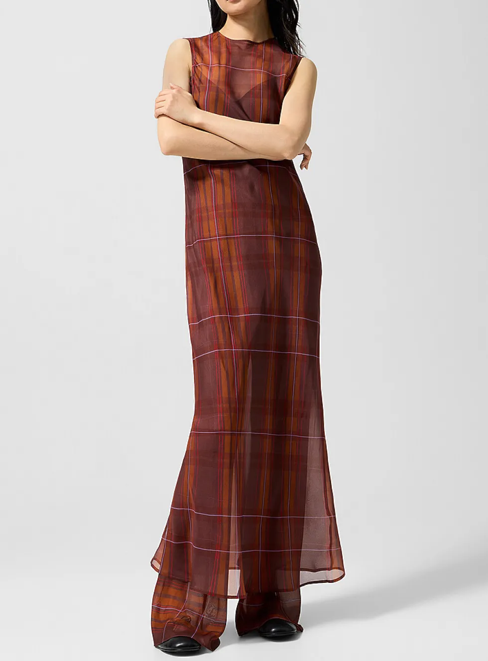 Sheer pure silk tartan pattern dress