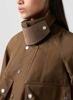 Short, flared, coated-canvas coat