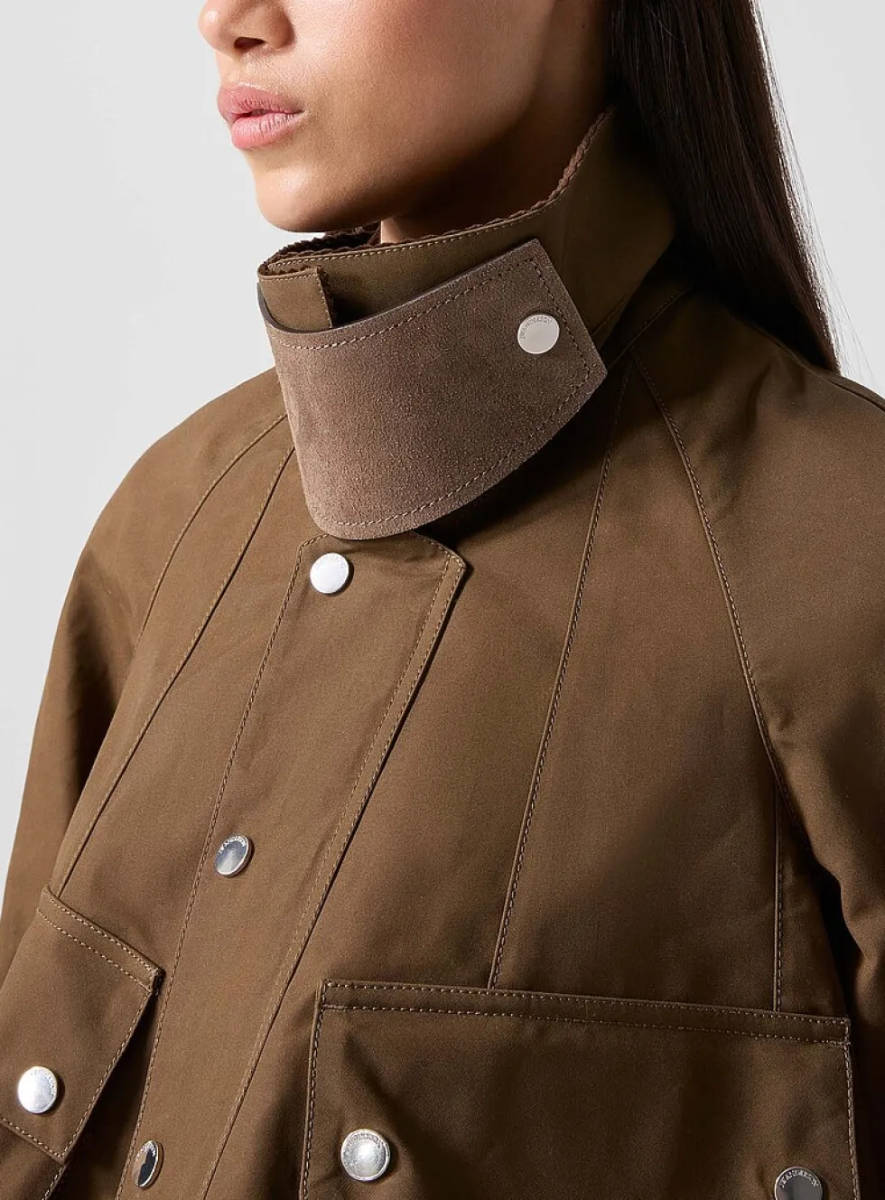 Short, flared, coated-canvas coat