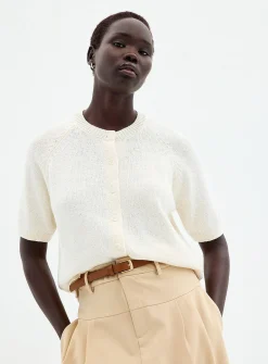 Short raglan-sleeve shaker-rib cardigan