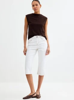 Side slit stretch denim capri legging