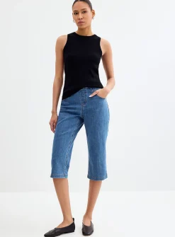 Side slit stretch denim capri legging