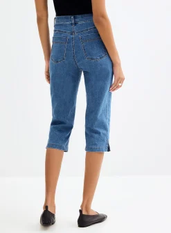 Side slit stretch denim capri legging