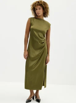 Side-slit draped satin dress