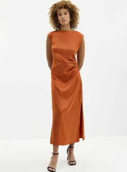 Side-slit draped satin dress