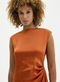 Side-slit draped satin dress