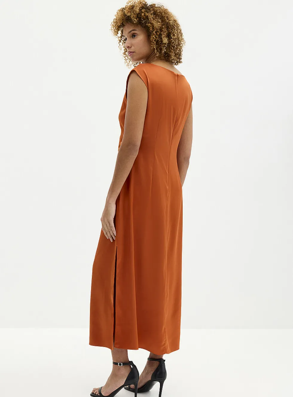 Side-slit draped satin dress