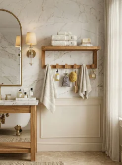 Six-hook wall-mounted teak wood shelving