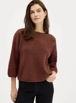 3/4-sleeve openwork crocheted sweater