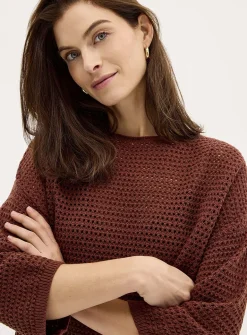 3/4-sleeve openwork crocheted sweater