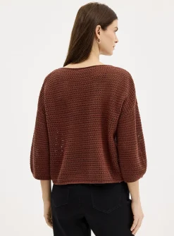 3/4-sleeve openwork crocheted sweater