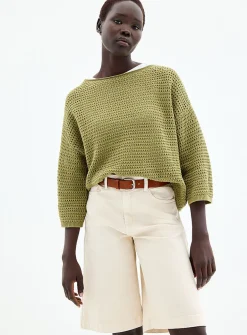 3/4-sleeve openwork crocheted sweater