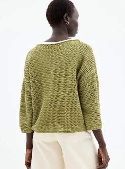 3/4-sleeve openwork crocheted sweater